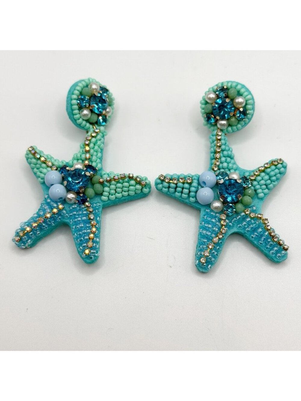 Starfish Dangle Earrings Blue Teal Beaded Pearl Rhinestone Ocean Beach Fashion